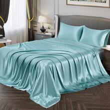 Silky Soft Pink Twin XL Satin Bed Sheets Set, 1 Deep Pocket Fitted Sheet + 1 Flat Sheet + 1 Pillowcase,  In 2025 - Aqua - 查看 11