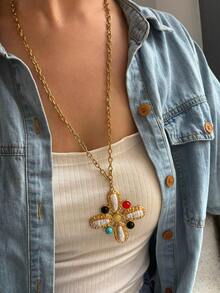 Monlansher New Fashionable Women's Pendant Necklace, Handmade Cross Flower Design With Pearl And Stone, Personalized Luxury Stainless Steel Pendant Necklace For Ladies, Autumn/Winter