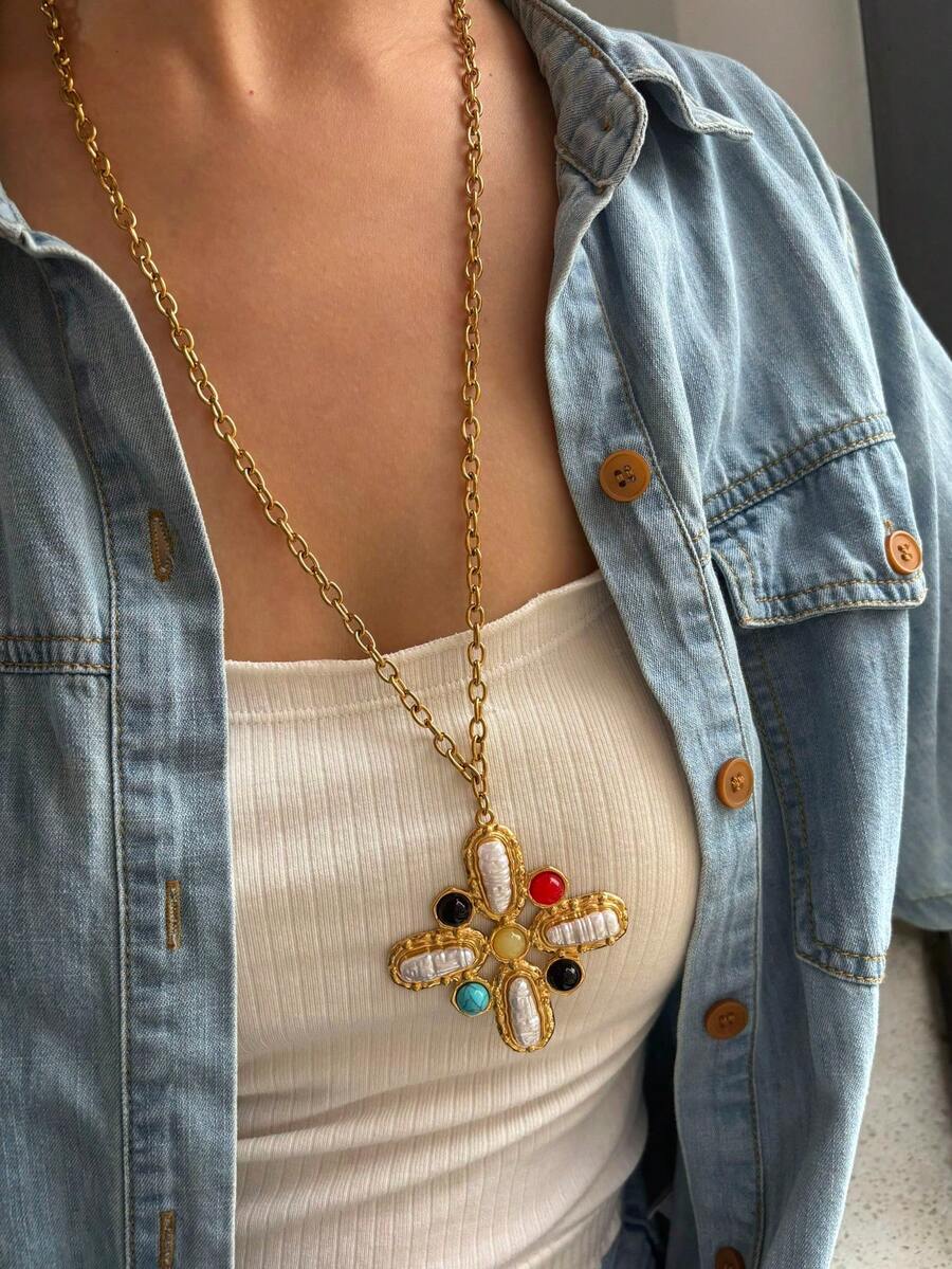 Monlansher New Fashionable Women's Pendant Necklace, Handmade Cross Flower Design With Pearl And Stone, Personalized Luxury Stainless Steel Pendant Necklace For Ladies, Autumn/Winter