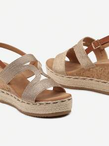 女士波西米亚风软木坡跟凉鞋 - 夏季休闲沙滩 - 香檳色 - 查看 6
