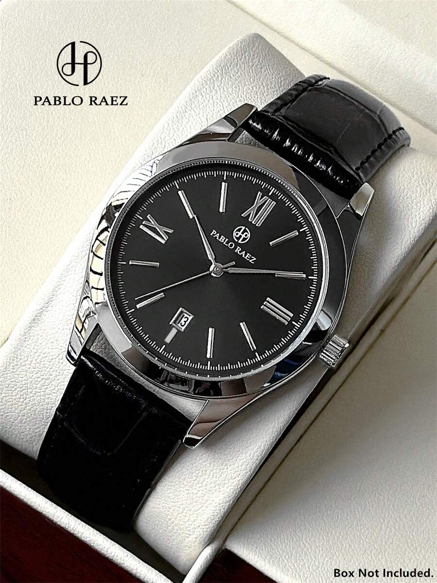 PABLO RAEZ 1pc Man Business Watch Fashion Casual Wristwatch For Gentleman Silver Jewelry Non Tarnish Color Stainless Steel Luxury Black Soft Leather Bracelets Chain Real Bar Scales Calendar Display With Date 50M Waterproof Top Brand New AAA Male Quartz Wristwatch Elegant Clocks Nice Teacher Gifts Hours Friend Or Family Father Presents Fit For Daily Life/Work/Party Decorations Dress Watch Graduation Wedding Presents - 均碼 - 查看 1
