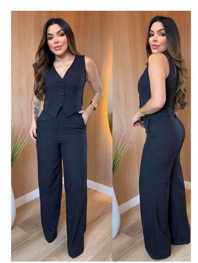 Conjunto Alfaiataria Colete com Calça Social Moda Fashion