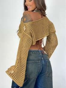 Cropped Short Blouse With Dropped Shoulder And Openwork Knitwear - 米色 - 查看 2