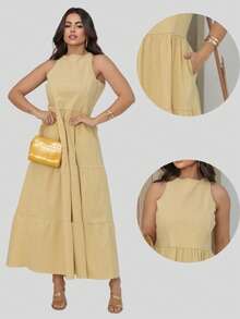 Women's Sleeveless Casual Party Premium Linen Midi Dress - 黃色 - 查看 2