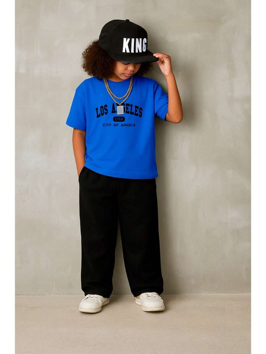 2 Piece Men's Set Straight Pants And Kids City Of Angels Casual T-Shirt - 寶藍色 - 查看 1