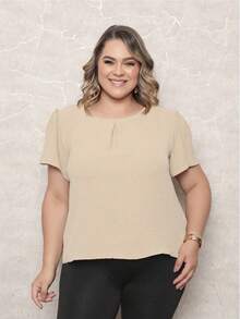 ONLYONE - PLUS SIZE WOMEN'S BLOUSE, SHORT SLEEVE PRINCESS, PLEATES ON THE NECKLINE, LIGHT DUNES - ELEGANT WOMEN'S BLOUSES, LARGE - 淺米色 - 查看 4