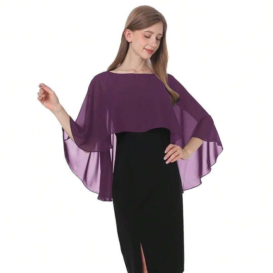 Baoqiya Women's Capelet Shawls And Wraps For Evening Dresses Soft Bridesmaid Shawl Chiffon Cape Wedding Cover Up{"Color_name":"PlumPurple"} - 梅紫 - 查看 1