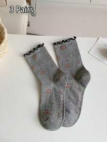 3/6 双女式中筒袜，复古花卉提花图案，荷叶边饰边，甜美女孩风格，奢华复古袜子，适合所有季节，秋季 - 彩色 - 查看 13
