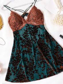 3D Burn-Out Embroidered Velvet Soft Lace Patchwork Lingerie, High-End Spaghetti Strap Nightgown, Rave - Coffee Brown - View 9