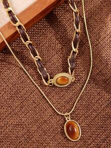 1 pieza Collar con colgante de ojo de tigre vintage, joyería de mujer con capas de colores otoñales/invernales, accesorio retro casual