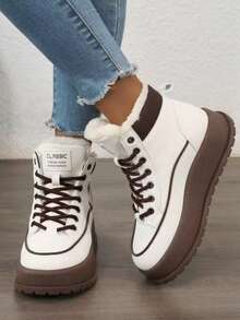 أحذية رياضية عالية الكعب مبطنة بالحرارة بطراز رجعي للنساء، أحذية كاجوال دافئة مع أربطة وحلقات معدنية