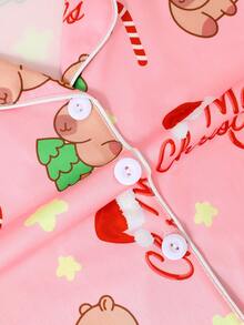 3 件套女孩和青少年休闲卡通圣诞礼物印花翻领长袖开衫和短裤和长裤睡衣套装，阻燃，适合所有季节和圣诞节 - 粉色 - 查看 5