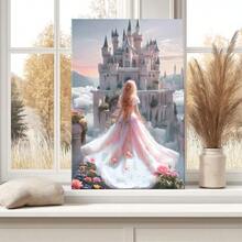 1pc Solid Wood Frame Fairy Princess Castle Art, Light Pink Gothic Theme Canvas Posters & Prints, Large Canvas Wall Art, 2D Flat, Easy Hang Tabletop Or Wall Display, For Halloween, ChristmasGifts, Bedroom, Living Room, Decoration Ready To Hang - 彩色 - 查看 2