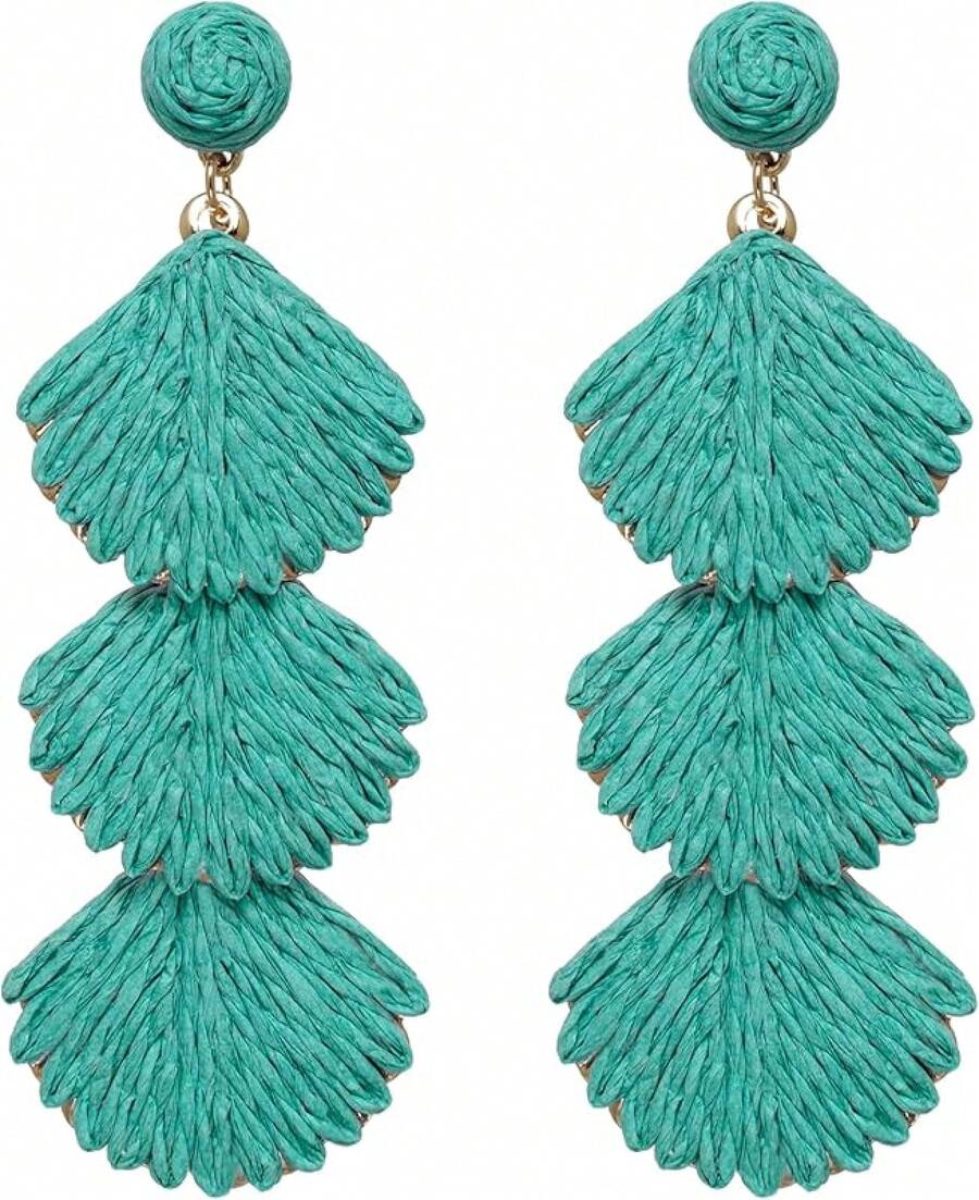 Raffia Dangle Earrings Women - Boho Statement Rattan Drop Jewelry With Design, Lightweight Summer Beach Accessories - 綠松石 - 查看 1