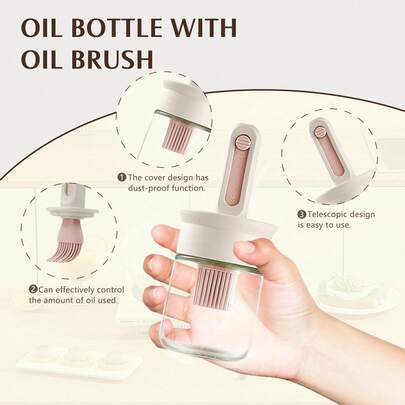 Refillable Oil Bottle With Retractable Brush, Transparent Glass Body And Non-Slip Handle, Suitable For Barbecue, Camping And Picnic, Portable Kitchen Tool For Basting Marinades, Honey And Sauces