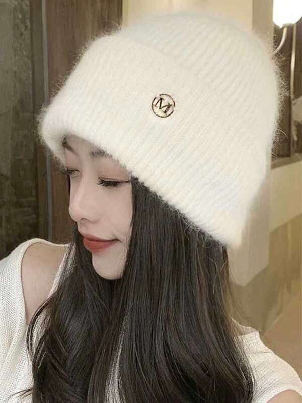1ps Knit Cuffed Beanie Hats Metal Tag For Women Winter Rabbit Fur Plush Knitted Caps Soft Slouchy Warm Snug Snow Ski Running Adult Knit Hat Large Head Circumference, Face-Lifting And Warm,