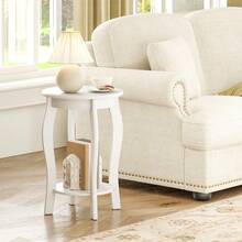 2-Tier Round End Table Narrow Sofa Side Nightstand W/ Storage Shelf & Wood Legs - trắng - Xem 1