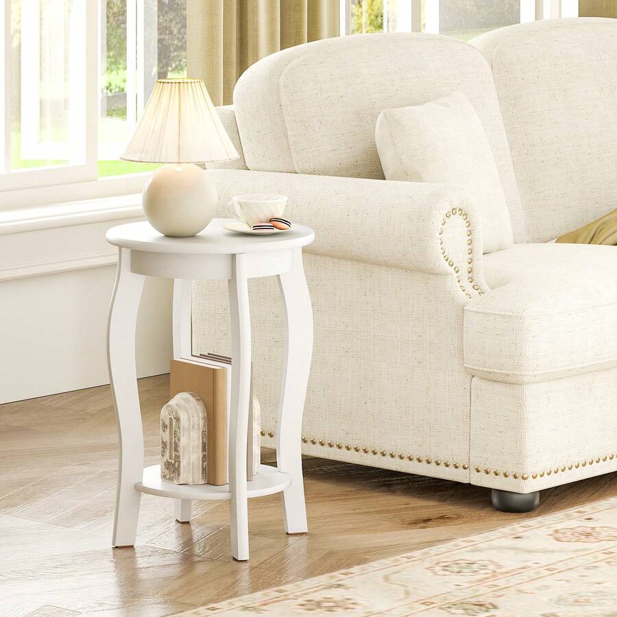 2-Tier Round End Table Narrow Sofa Side Nightstand W/ Storage Shelf & Wood Legs - trắng - Xem 1