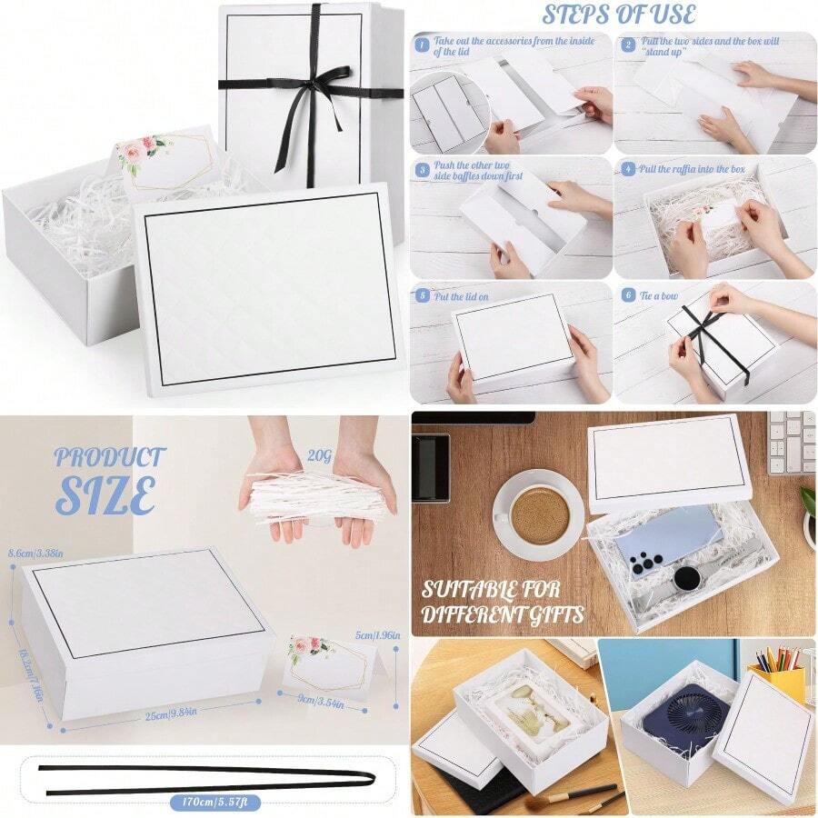 Joogee Gift Boxes With Bow And Shredded Paper Fill 25 * 18 * 8.5cm Cardboard Gift Box With Lid Blank Card For Birthday Wedding Holiday White