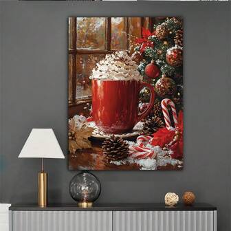 1 Frameless Canvas Wall Decor - Festive Hot Cocoa Cup With Whipped Cream, Candy Canes And Christmas Balls, Cozy Christmas Decoration, Ready-To-Hang Holiday Home Decor, Vintage Christmas Canvas Art, Winter Wonderland Atmosphere, 2D Flat Warm Colors