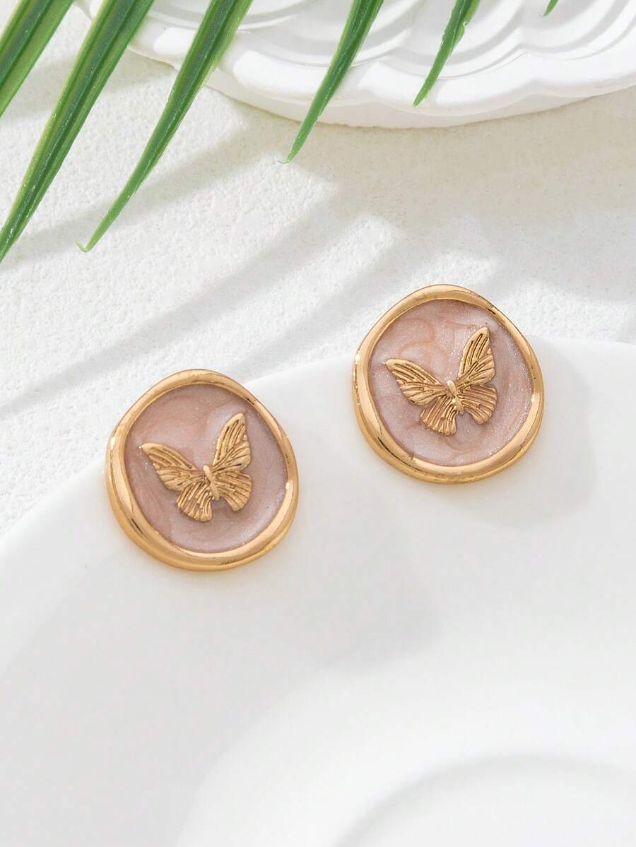 1 对可爱油滴蝴蝶耳钉，女士日常时尚配饰 - 金黃色 - 查看 1