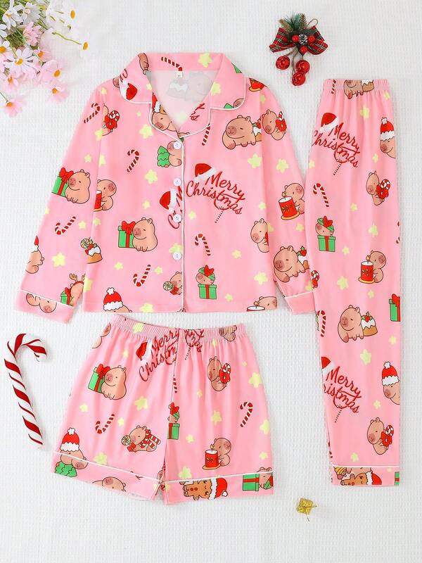 3pcs/Set Tween Girls Casual Cartoon Christmas Gift Print Lapel Long Sleeve Shirt And Shorts & Pants Sleepwear Set, Flame Retardant, Suitable For All Seasons & Christmas