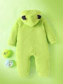 男婴怪兽刺绣恶魔耳朵连帽毛绒连体衣 - 綠色 - 查看 2