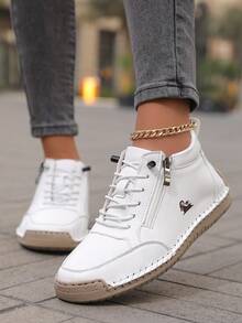 Women's Lightweight Purple Sneakers - Mid-Top Lace-Up Sneakers With Side Zipper, Durable Synthetic Cover & Rubber Sole For Running, Hiking, And Casual Wear, Ladies Sneakers - White - View 3