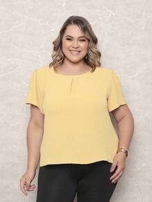 ONLYONE - PLUS SIZE WOMEN'S BLOUSE, SHORT SLEEVE PRINCESS, PLEATES ON THE NECKLINE, LIGHT DUNES - ELEGANT WOMEN'S BLOUSES, LARGE - 黃色 - 查看 6