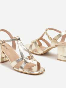 Metallic Strap Heeled Sandals Women Summer Evening/Party - Gold - View 6