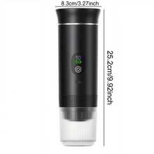 二合一便携式咖啡机，配备3节2500mAh电池，LED温度显示，可制作冷热饮品，按键操作简单，适合家庭、办公室、露营、汽车和旅行使用。