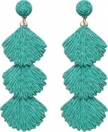 Raffia Dangle Earrings Women - Boho Statement Rattan Drop Jewelry With Design, Lightweight Summer Beach Accessories - 綠松石 - 查看 7
