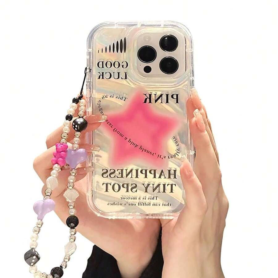 Case For IPhone 13 Pro With Phone Charm/Chain,Sparkly Pink Star Pattern Clear Cute Phone Case With Pearl Love Heart Bracelet,Luxury Bling Women Girl Phone Case For IPhone 13 Pro{"Color_name":"Pinkstar","Size_name":"IPhone13Pro-6.1''"} - Nhiều màu1 - Xem 1