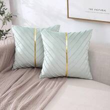 Navy Blue Velvet Throw Pillow Covers 18 X 18 Inch Pack Of 2 With Gold Leather Decor For Couch, Luxury Modern Pillowcases For Living Room, Bedroom Sofa Cushion Bed - 薄荷綠 - 查看 2