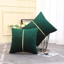 Navy Blue Velvet Throw Pillow Covers 18 X 18 Inch Pack Of 2 With Gold Leather Decor For Couch, Luxury Modern Pillowcases For Living Room, Bedroom Sofa Cushion Bed - 墨綠色 - 查看 2
