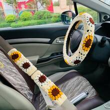 onEternal 1pc Handmade Crocheted Light Yellow Flower Steering Wheel Cover & 2pcs Seatbelt Covers Car Interior Decor Set