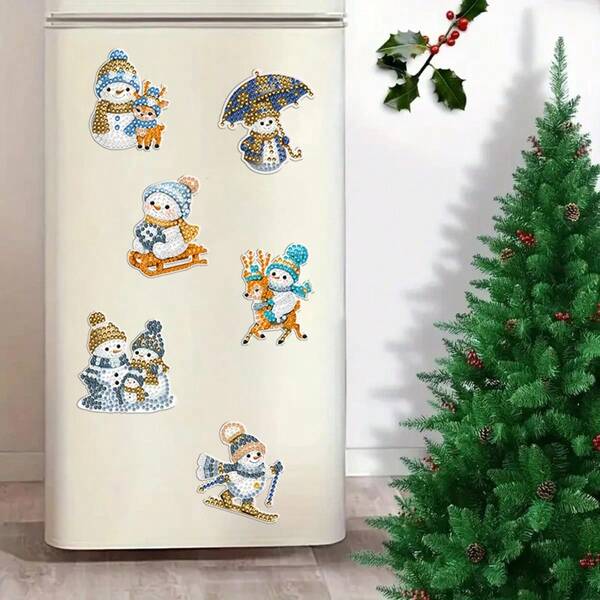 Set de 6 imanes de nevera de diamantes de imitación hechos a mano, muñeco de nieve y amante de los deportes de dibujos animados, set de imanes de arte de pintura de diamantes, decoración del hogar, ideal para Halloween, regalos de Navidad