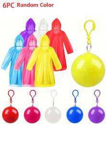 6pcs/Set Portable Disposable Emergency Rain Ponchos With Keychain, Lightweight, Compact, Durable, Suitable For Travel, Hiking, Fishing, Camping, Transparent Design, Camping Gear, Transparent Rain Ponchos, Lightweight Rain Ponchos. Random Colors