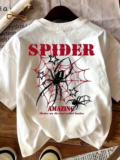 Women's Casual Polyester T-Shirt With Spider Graphic, Round Neck, Regular Length, All-Season Fashion Top