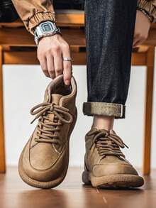 Men's Winter Brown Retro British Style Boots, Birkenstocks Mid-Top Casual Shoes, High-End Business Fashion Brand Versatile Large Size Leather Shoes, Lightweight Comfortable Work Boots Patchwork Ankle Boots - Brown - View 3