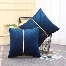Navy Blue Velvet Throw Pillow Covers 18 X 18 Inch Pack Of 2 With Gold Leather Decor For Couch, Luxury Modern Pillowcases For Living Room, Bedroom Sofa Cushion Bed - 藏蓝色 - 查看 4
