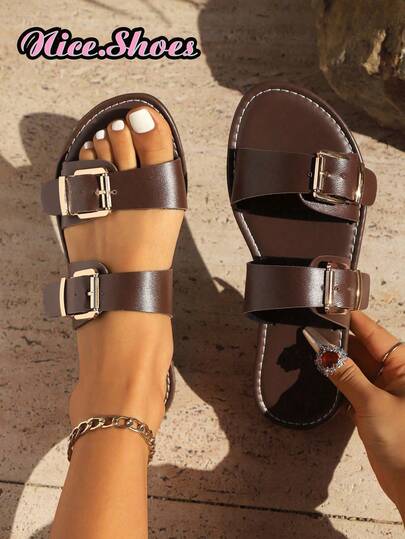 女士新款搭扣凉鞋，双扣设计，可调节松紧带，平底凉鞋，时尚简约百搭，适合春季、夏季，休闲户外/室内穿着，有黑色、白色、棕色、咖啡色可选