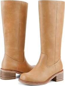 Women's Knee High Chunky Block Heel Square Toe Low Heel Boots, Style - Brown - View 3