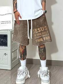 Casual Drawstring Shorts With Jesus Is The Only Reason I Made It This Far Print - Religious Statement Short Pants For Men, Streetwear & Daily Wear - 駝色 - 查看 2