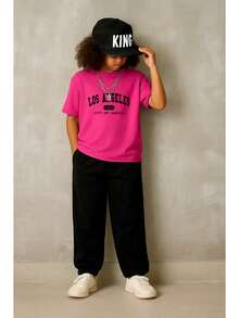 2 Piece Men's Set Straight Pants And Kids City Of Angels Casual T-Shirt - 玫紅色 - 查看 1
