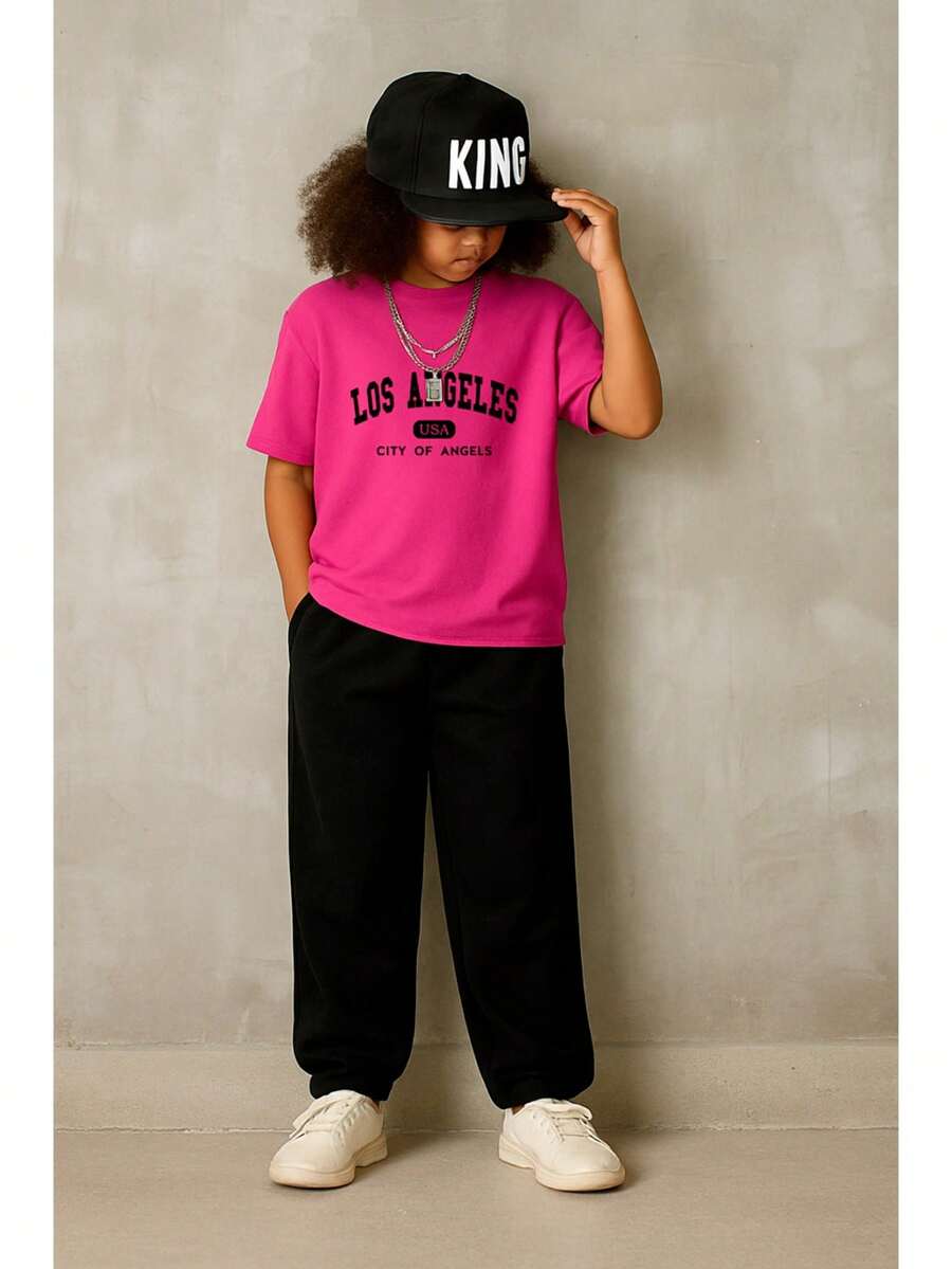 2 Piece Men's Set Straight Pants And Kids City Of Angels Casual T-Shirt - 玫紅色 - 查看 1