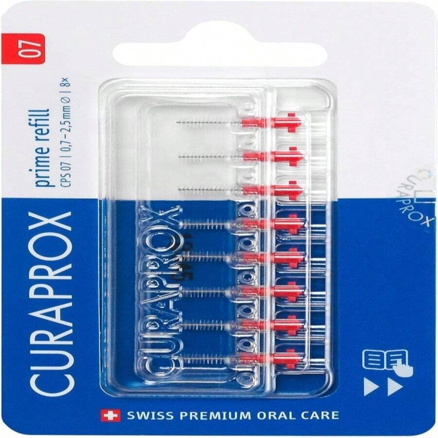Curaprox Interdental Brush Refills CPS 07 Prime – ISO Size 1, Red | Ultra-Fine Filaments For Effective Cleaning Of Tight Gaps | 8-Pack | Swiss Made | English Packaging - MàuA - Xem 1