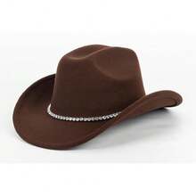 Women Sparkly-Rhinestone Western-Cowgirl-Hat Glitter-Bling Cowboy-Hat Felt-Rodeo-Hat For Disco-Party Medium/Large{"Size_name":"Medium-Large","Color_name":"OneRhinestoneDecor-Brown"} - One 水鑽裝飾棕色中大號 - 查看 11