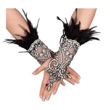 L'VOW 2Pcs Gothic Black Lace Feather Long Gloves For Women Halloween Witch Costume Swan Wristband Cuff{"Color_name":"B-White"} - B-白色 - 查看 1