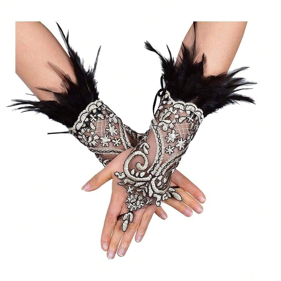 L'VOW 2Pcs Gothic Black Lace Feather Long Gloves For Women Halloween Witch Costume Swan Wristband Cuff{"Color_name":"B-White"} - B-白色 - 查看 1